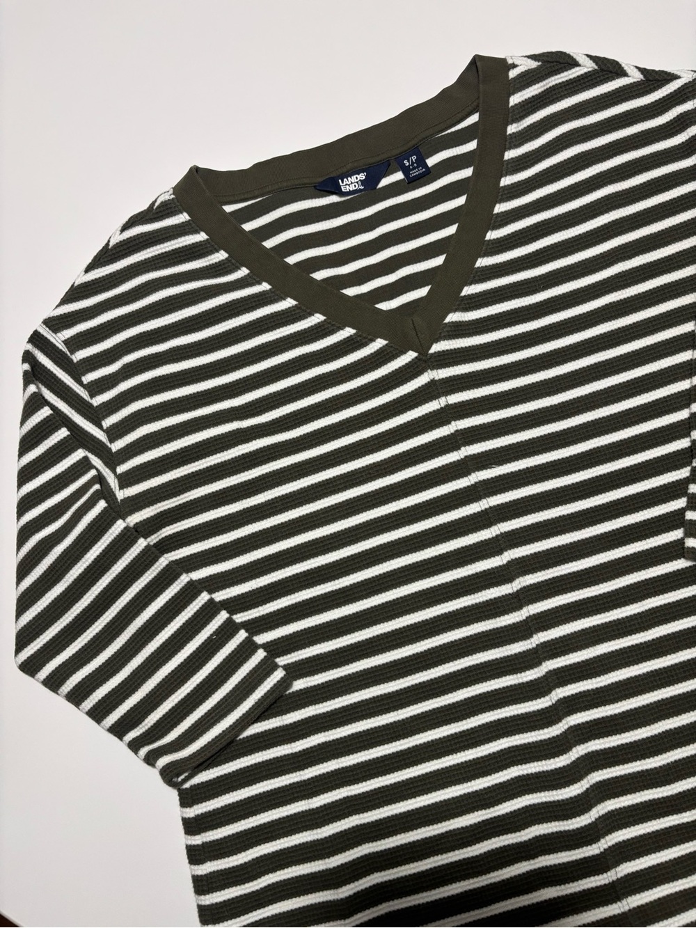 Lands’ End Green & White Stripe Oversized 3/4 Length Cotton Thermal Long Sleeve